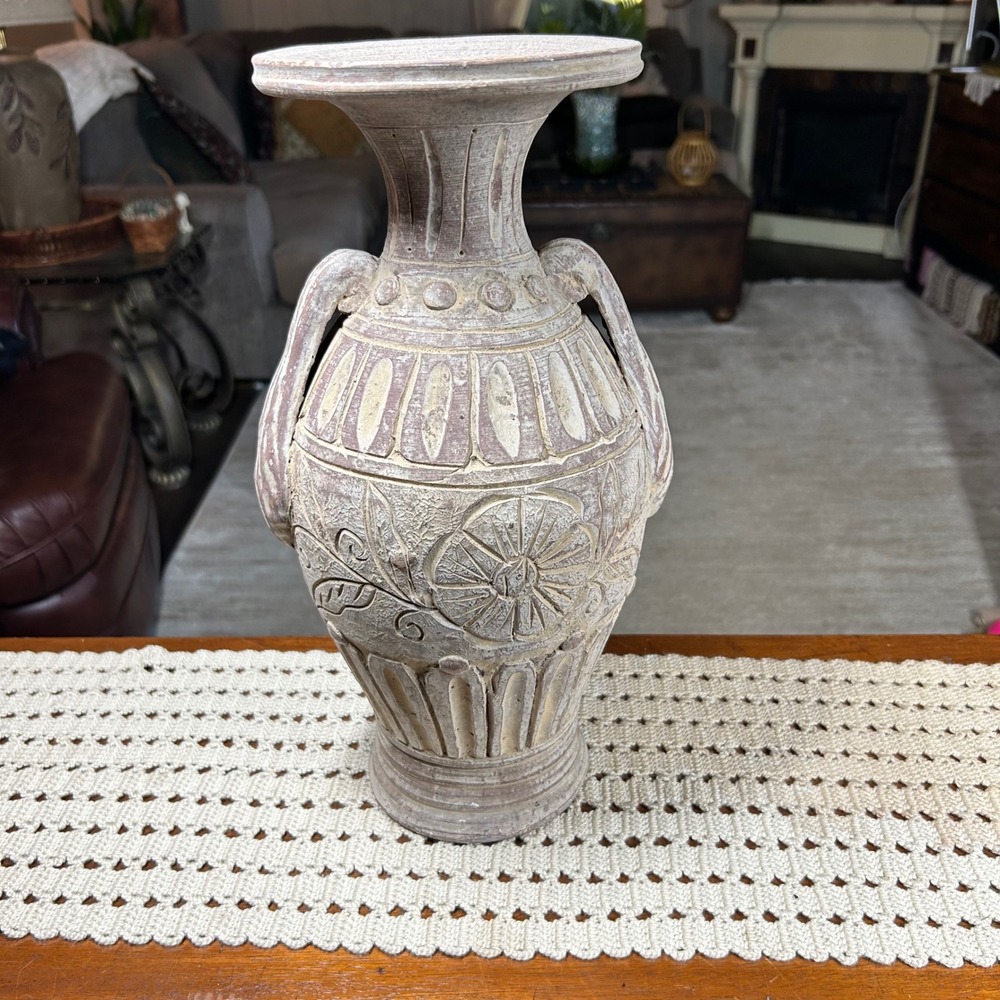 Rustic Grecian Amphora Vase Textured Terracotta Floral Relief Carved Handles 15"